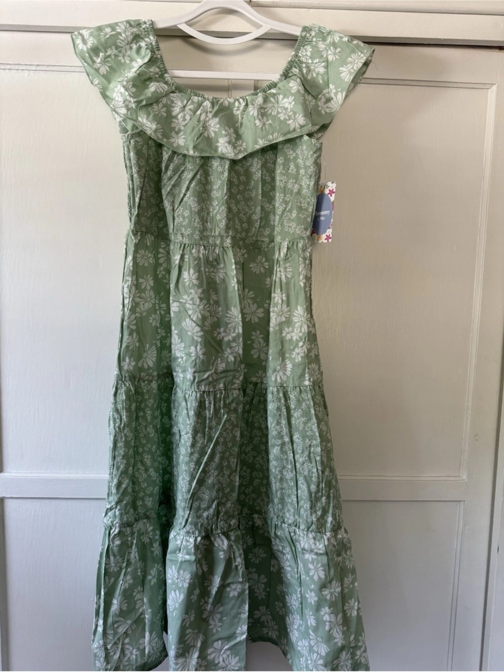 Madison Grey Dress Sage Green Cotton Floral Tiered Sundress Sz M